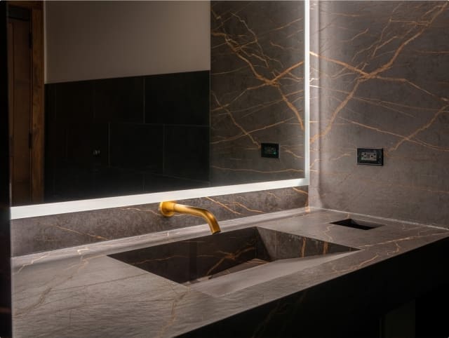 Quartz bathroom vanity with premium materials.