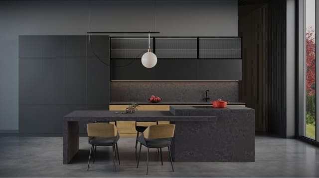Kitchen with a quartz worktop. Plan-It Stone, Best kitchen worktops in Bristol.